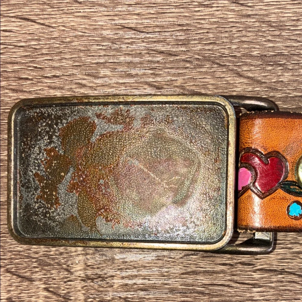 Vintage Unbranded Little Girls Tiffany Brown Leather Belt with Heart & Floral